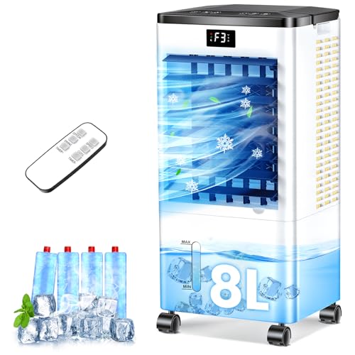 Klimaanlage Mobile, 3 in 1 Klimagerät Tragbarer Luftkühler Luftbefeuchter Verdunstungs Lüfter mit 8L Wassertank, 12H Timer, 4 Modus, 60W Energiesparend Wasserkühlung Klimaanlage für Zuhause Büro