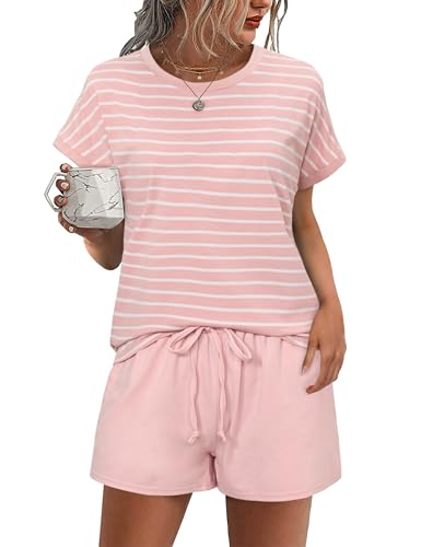 Litherday Damen Schlafanzug Kurz Pyjama Set Baumwolle Rundhals Zweiteiliger Nachtwäsche Hausanzug Gestreift Loungewear mit Taschen Rosa M