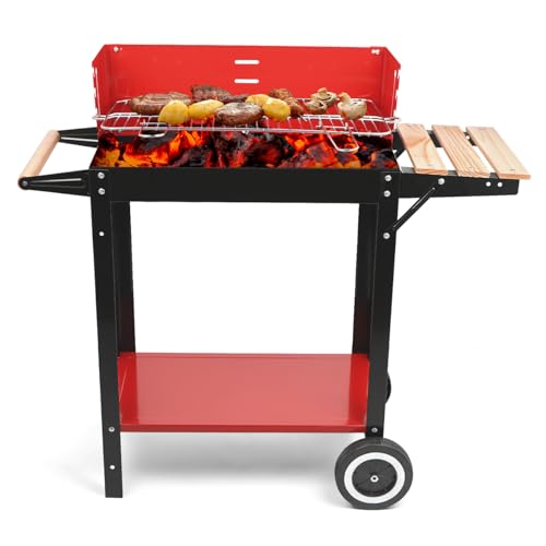 HALNKSZDDD Holzkohlegrill, tragbarer Outdoor-Grill mit Seitentisch und Rädern, klappbarer Grill für Outdoor-Kochen, Camping und Garten (rot)
