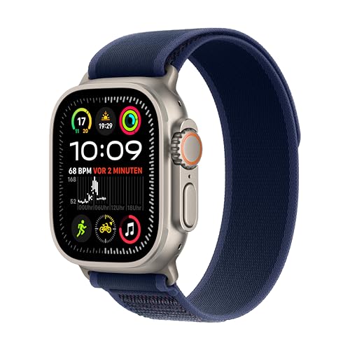 Apple Watch Ultra 2 (GPS + Cellular 49 mm) Smartwatch, Sportuhr mit Titangehäuse in Natur und Trail Loop in Blau (M/L). Fitnesstracker, präzises GPS, extra Lange Batterielaufzeit