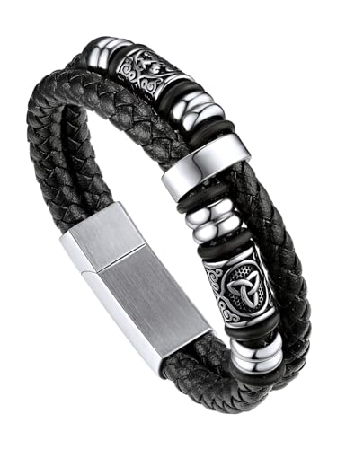 Bandmax Flechtarmband Männer 21cm Lederarmband Magnetverschluss Armbänder Herren Geflochtenes Armband aus Mikrofaser-Leder Manschette Armkette mit Kompass und keltischem Schmuckzubehör Modeschmuck