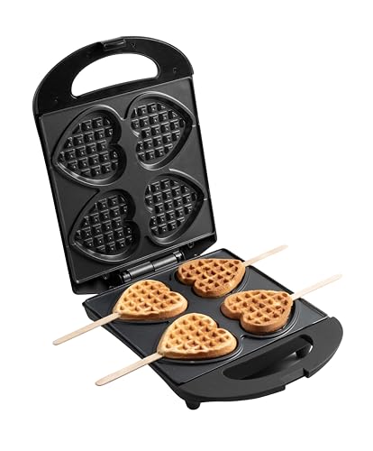 Bestron Waffeleisen für Herzwaffeln am Stiel, Waffelmaker mit Antihaftbeschichtung für Herzform-Waffeln, Herzwaffeleisen ideal für Kindergeburtstage, Ostern & Weihnachten, Farbe: Schwarz