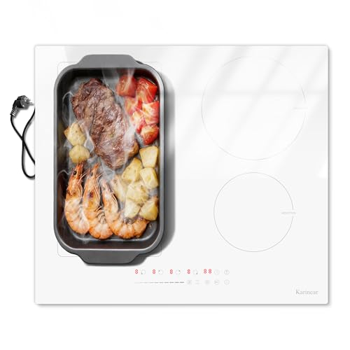 Induktionskochfeld 4 Platten mit Stecker, Karinear Kochfeld Induktion 60CM Flexzone, Weißes Keramikglas Einbau, Touch-Schieberegler, Sicherheitsverriegelung, 240V, 16A Steckdose