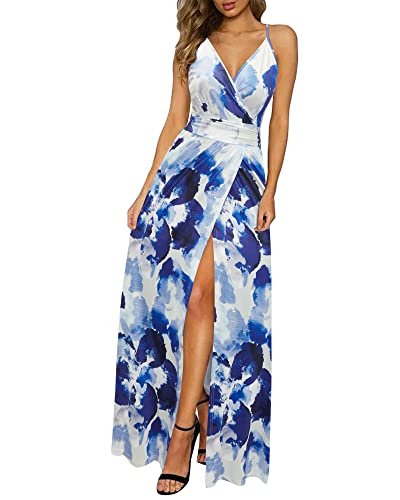 Newshows Sommerkleid Damen Lang Maxikleid Sommer V Ausschnitt Kleid Schlitz Freizeitkleid Elegant für Hochzeitsgast (Floral 20,Mittel)