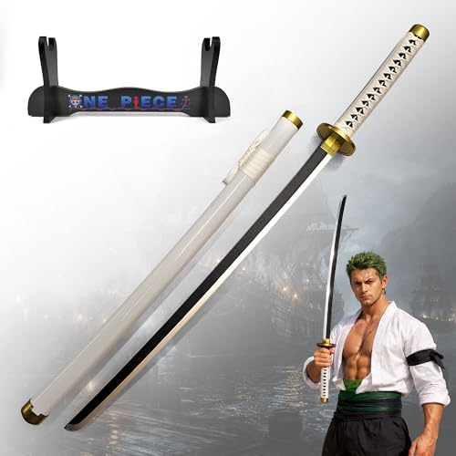 One Piece - Wado-Ichi-Monji Katana aus Holz mit Scheide und Ständer, SamuraiSchwerter Holzschwert, Zoro Schwert, Bambusklinge, One Piece Katana, Animefans, Spielzeug für Kinder