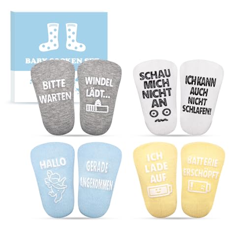 Fettwal 4 Paare Baby Socken 0-12 Monate, Babygeschenke zur Geburt Junge Mädchen, Baby Geschenk Junge Mädchen, Neugeborenen Geschenk, Babyparty Geschenk, Personalisierte Geschenke Babysocken