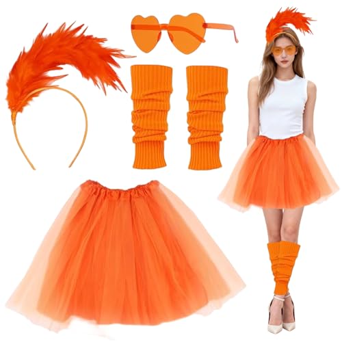 Yi'antai Damen Tüllrock Orange, Karneval Kostüm mit Feder Stirnband, Herz Brille, Fußhülle, Karnevalskostüm Frauen