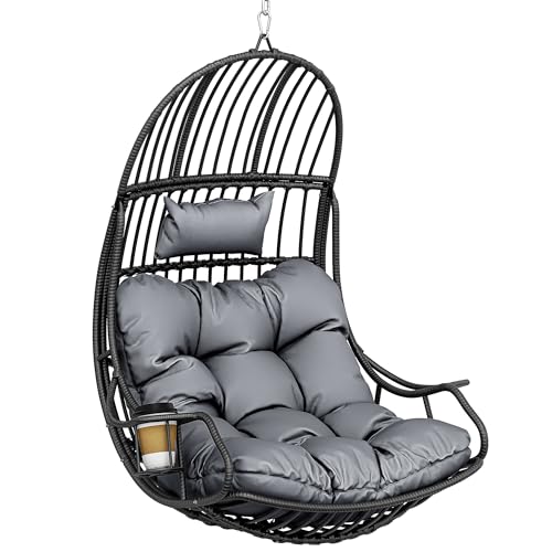 YITAHOME Hängesessel Eierschaukel 150 kg Belastbarkeit, Rattan Schaukelsessel mit Kissen & Getränkehalter, Hängekorbstuhl für Garten, Terrasse, Balkon, Wohnzimmer, Grau