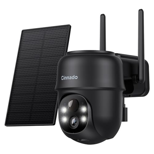 Cinnado Überwachungskamera Aussen Solar - 2K Aussenkamera WLAN Kabellos Akku, 360 Grad PTZ, PIR Bewegungsmelder IP65, Farbnachtsicht, Zwei-Wege-Audio (Schwarz)