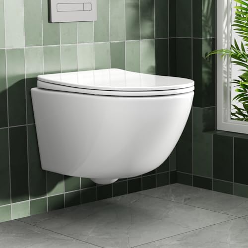 Rainsworth Hänge WC Spülrandlos Toilette - Starker Spülung, Kloschüssel inklusive WC-Sitz Absenkautomatik, Kompakt Design Toilette 48,5 cm lang, Einfach zu einigen, ideal für Badezimmer-Aufstieg