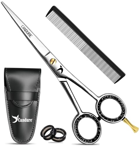 Candure Friseurschere 6,5 Zoll – Professionelle Haarschneideschere mit Kamm & Lederetui für Friseure, Barbier, Männer, Frauen & Kinder – Edelstahl Haarschere für Salon & Zuhause