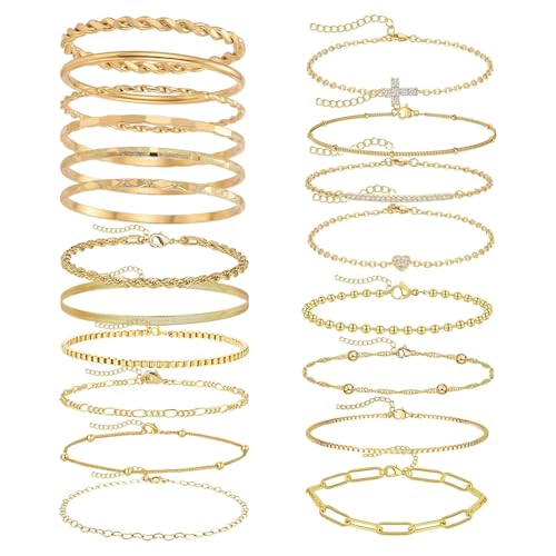 JSTHHTT 20 Pcs Armband Damen Gold, Wasserdichtes Goldarmband für Damen, Vergoldet Stapelarmbänder Perlen Ketten Armbänder Verstellbare Armband Set, Elegantes Armreif Wasserdichter Gold Schmuck