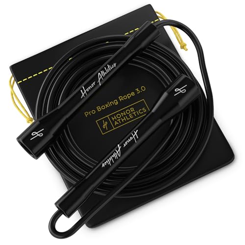 Honor Athletics Pro Boxing Rope 3.0 – Springseil 5,3 mm TPU-PVC, verstellbar 3,05 m, Indoor/Outdoor, Boxen & MMA, verwicklungsfrei, rutschfeste, bruchfeste Griffe (Schwarze Griffe/Schwarzes Seil)