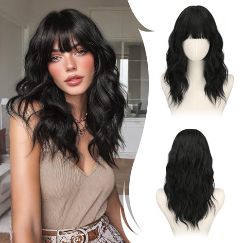 RUWISS Schwarz Lange Gewellte Perücke mit Pony für Damen, 20 Zoll Layered Perücke Damen, Natürlich Synthetisch Hitzebeständig Wigs für Alltag Party Cosplay Halloween