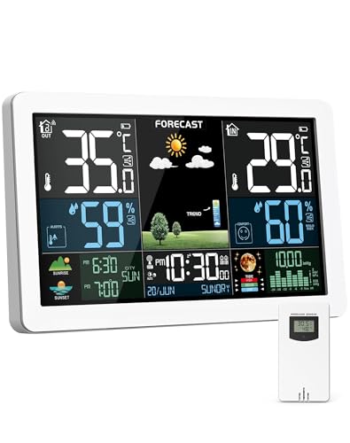 Wetterstation Funk mit Außensensor, Farbdisplay, Wettervorhersage, Temperatur, Luftfeuchtigkeit, Wecker mit Schlummerfunktion, Luftdruck,60m Übertragungsentfernung, für Innen und Außen