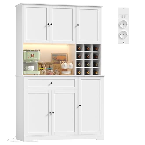 FirFurd Küchenschrank 180cm Buffetschrank mit LED Sideboard für Küche mit Steckdosenleiste Küchenschrank mit Arbeitsplatte & Weinregal für 12 Flaschen Küchenbuffet Küchenmöbel 180x100x39cm weiß