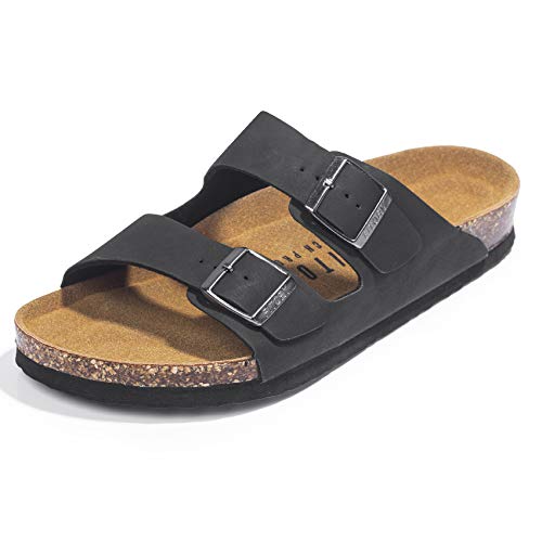 FITORY Herren-Sandalen, Slides mit Fußgewölbeunterstützung, verstellbaren Schnallenriemen und Kork-Fußbett für den Sommer, Mattschwarz, Größe 43