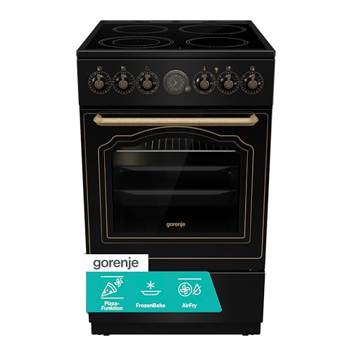 Gorenje Classico GECS 5B70CLB Elektrostandherd mit Glaskeramik-Kochfeld/Retro Design / 50cm / 70 Liter/Gentle Close/Schnellaufheizung/AirFry/ExtraSteam/Pizzamodus/AquaClean/schwarz