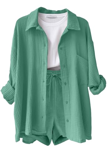 Yutdeng Zweiteiler Damen Sommer Musselin Set Hose Bluse Baumwolle Musselin Shorts mit Taschen und Hemd Leinen Set Damen Sommer Outfit 2 Teiler Casual Strand Travel Airport Outfit Lounge,Hellgrün,M