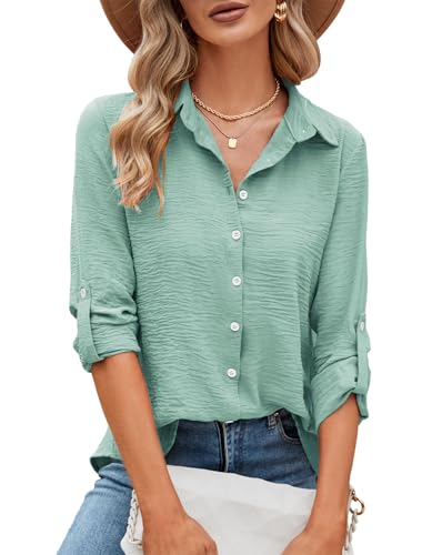 Odosalii Langarmshirt Damen, Bluse Damen Elegant, 3/4 Ärmel V Ausschnitt Blusen, Casual Einfarbig Lose Roll Up Musselin Tunika Oberteile Hemd mit Knöpf Tops Interview Arbeit Bluse(Hellgrün,Medium)