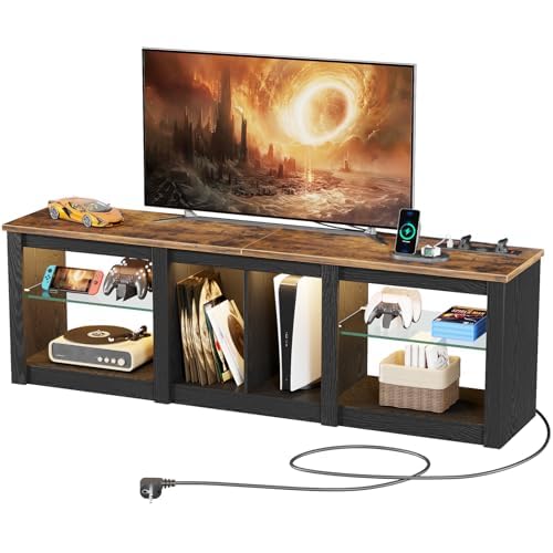 OCTORO TV Schrank, 160cm Lowboard, Fernsehschrank mit Abnehmbare Glasablage, Offenen Stauraum, für Wohnzimmer, Schlafzimmer, Schwarz-Vintagebraun