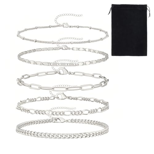 5 Stück Armband-Ketten Set, Schlangenketten Stapelbare Silber Armband, Edelstahl Verstellbare Armkette, Modeschmuck Für Damen Mädchen