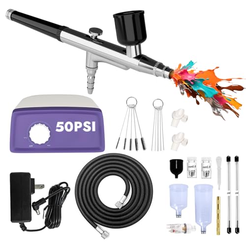 50 PSI Airbrush Set mit tragbarem Kompressor, Dual Action Multi Funktion Airbrush Set mit 0,2/0,4/0,5mm Düsen/Reinigungssets für Kuchendekoration, Makeup, Modellbau
