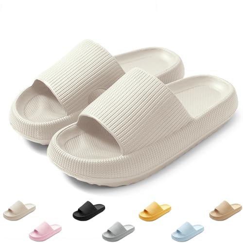 QJJQ Badeschuhe Herren Damen Cozislides Original Slippers Wolke Schlappen Super Weich rutschfest Badelatschen Hausschuhe Sommer Pantoletten Badeschlappen Flip Flops,Beige, 40-41 EU