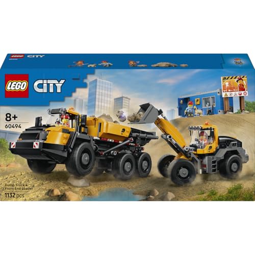 LEGO City Kipplaster und Schaufellader 60494 | Spielzeug ab 8 Jahren für Jungen, Baustellenfahrzeuge mit funktionierenden Funktionen & 3 Minifiguren, Geschenk, 1132 Teile