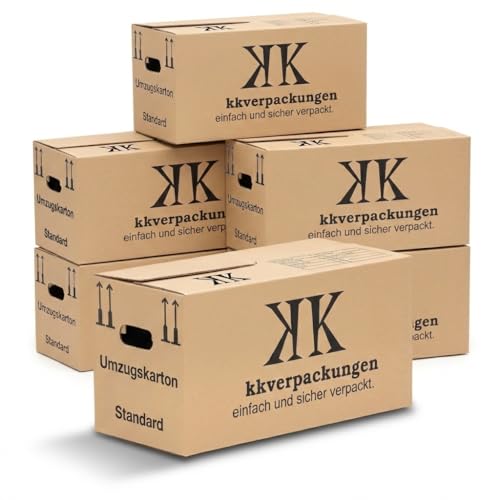 KK Verpackungen 30 Umzugskartons | Exklusiv: Griff-Verstärkungsfaden | 65 Liter, extra groß, 63x29x33 cm Umzugskisten, Nachhaltig, Beschriftungsfeld groß, Aufbewahrungsbox für schwere Lasten & Archiv