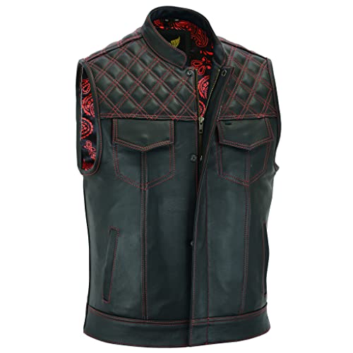 Leatherick Groove Club Herren-Motorradweste aus schwarzem Leder – Bikerweste (DE/NL/SE/PL, Numerisch, 54, Regular, Regular, Schwarz (rote Rautennaht))