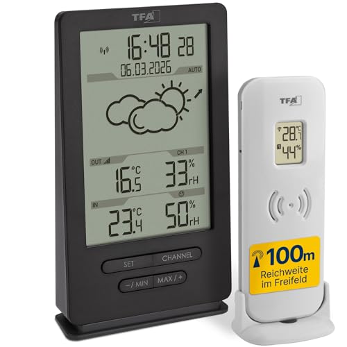 TFA Dostmann Digitale Funk Wetterstation mit Außensensor, 35.1162.10, Innen und Außenklima, mit Sender, Wettervorhersage, inkl Funkuhr, Temperatur/Luftfeuchtigkeit, Amazon Exklusiv, grau