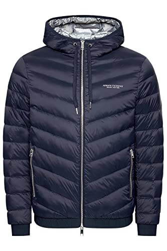 Armani Exchange Herren Hooded Quilted Down Milano/New York Logo Zip-up Jacket, Marineblau/Grau Meliert, S EU