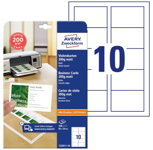 AVERY Zweckform C32011-10 Superior Visitenkarten, blanko (100 Stück, 200g, 85x54 mm, einseitig bedruckbar, matt weiß, absolut glatte Kanten, 10 Blatt) zum Selbstbedrucken auf allen Druckern