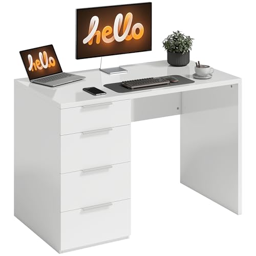 HOMCOM Hochglänzender Computertisch mit 4 Schubladen, 110 x 60 cm, Schreibtisch mit Stauraum, moderner Stil, Computertisch für Schlafzimmer, kleine Räume, Telearbeit, weiß