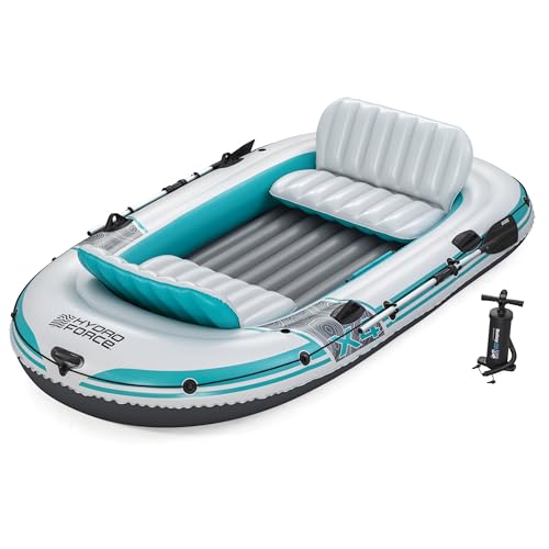 Bestway Hydro Force Schlauchboot-Set Adventure Elite X4, 315 x 165 x 41,5 cm, 4 Personen, 500 kg Belastbarkeit, 3 Luftkammern, Angelrutenhalterungen, aufblasbare Sitze, Ruder, Handpumpe, Tragetasche