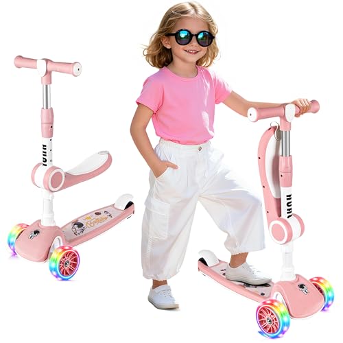 Roller Kinder-Kinderroller mit Abnehmbarer Sitz,3 Räder Kinderroller mit 3 Höhenverstellbarer,Faltbar Kinder Roller mit Große Rädern und Trittbrett,Kinderscooter für Jungen Mädchen 3-12 Jahre (Rosa)