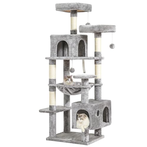 MSmask Kratzbaum groß, L Katzenbaum Stabil, Katzenkratzbaum mit 2 Plattformen, 2 Katzenhöhlen, Hängematte, Sisalsäulen, mehrstöckiger Kletterbaum für Katzen (Hellgrau, 160 cm)