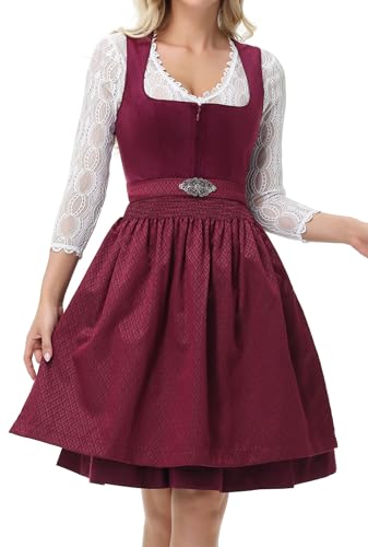 TrendiMax Damen Midi Dirndl - Elegant Samt Dirndlkleid Trachtenkleid für Oktoberfest mit Blumenmuster Schürze, Beere, 38