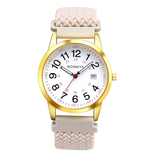 JewelryWe Geflochten Elastische Uhr mit Stoffarmband: Damen Herren Kalender Analog Quarz Armbanduhr mit Beige Gewebt Stretcharmband und 24-Stunden-Zifferblatt - Damenuhr Herrenuhr mit Großen Zahlen