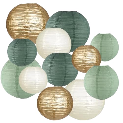 12 Stück Salbei Grün Papier Lampions, Retro Lampion Papierlaterne Set in 3 Größen, Runde Papierlaternen für Hochzeitsdeko Geburtstagsdeko Gartenparty Deko