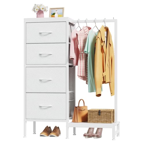 OYRREU Kommode mit 4 Schubladen, Schubladenschrank Kleiderstange, Weiss