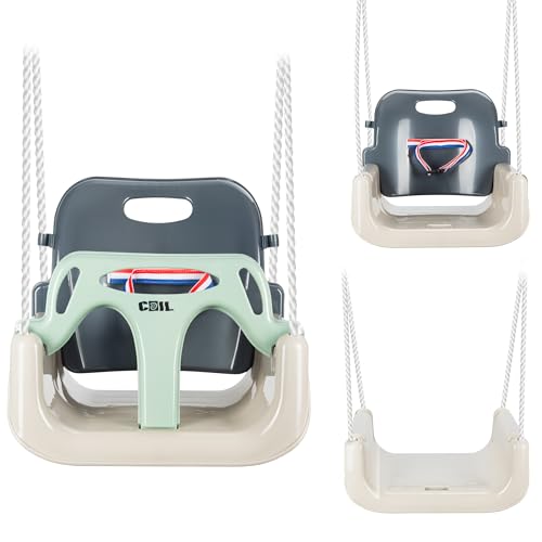 COIL Babyschaukel 3 in 1 Babysitz verstellbar und mit wachsend Schaukelsitz Gartenschaukel für Baby und Kinder mit Rückenlehne und Anschnallgurt belastbar bis 60kg (Olive)