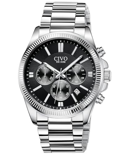 CIVO Uhren Herren Edelstahl Chronograph: Silber Armbanduhr Herren mit Datum - Wasserdicht Quarz Uhr Mode Casual