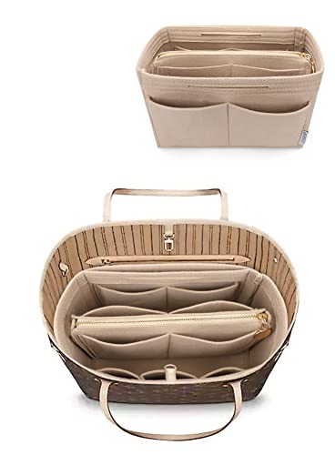 LEXSION Organisatorischer Tascheineinsatz aus Filz mit Reißverschluss, passend für Speedy-Neverfull-Tasche, Taschenformer, Beige (beige), Medium