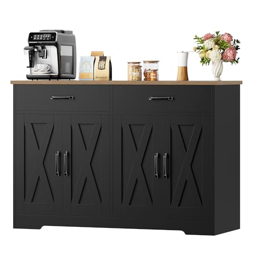 HOCSOK Sideboard, 120cm Breit Küchenschrank mit Arbeitsplatten, Küchenbuffet Aufbewahrungsschrank mit 2 Schubladen und 4 Türen Wohnzimmer, Küche, Flur, Schwarz & Braun