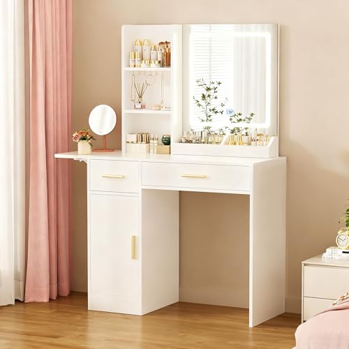 Schminktisch mit LED Beleuchtung großem Spiegel & Kosmetiktisch Frisiertisch mit dimmbarer Beleuchtung, USB Ladestation, verstellbaren Ablagen, großer Schublade & Schrank Moderner Make-up Tisch