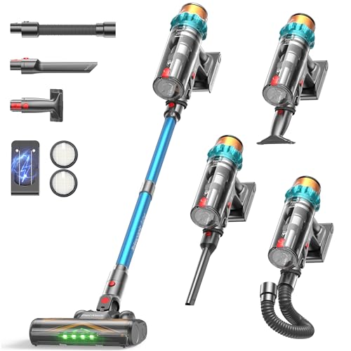 ElecKeys Akku Staubsauger 50000Pa/600W/70Min, Staubsauger Kabellos mit LED Display, 1,8L Akkustaubsauger mit Anti-Tangle-Bürste, Selbststehend für Tierhaare Teppiche Hartböden Auto, Blau, K10