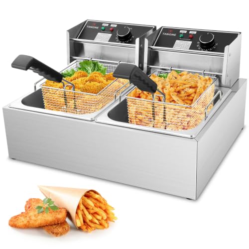 TANGME Kommerzielle Fritteuse, 5000W Elektrische Fritteuse mit 2x6L Körben 0,8mm Edelstahl Doppelter Tank Fritteuse Maschineh 20L Große Kapazität mit Temperaturbegrenzer