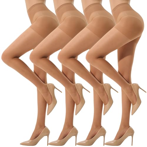 MANZI 4er-Pack Feinstrumpfhose Damen 20 DEN Transparent Nylon Strumpfhose für Damen Seidig Matte Optik Hoher Taille Strumpfhosen,Natur,XL